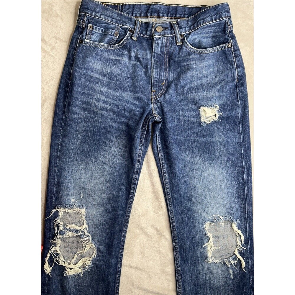 Levi’s 514 Jeans Men 32x34 (Actual 31x33) Blue Straight Distressed Whiskers - Picture 2 of 10